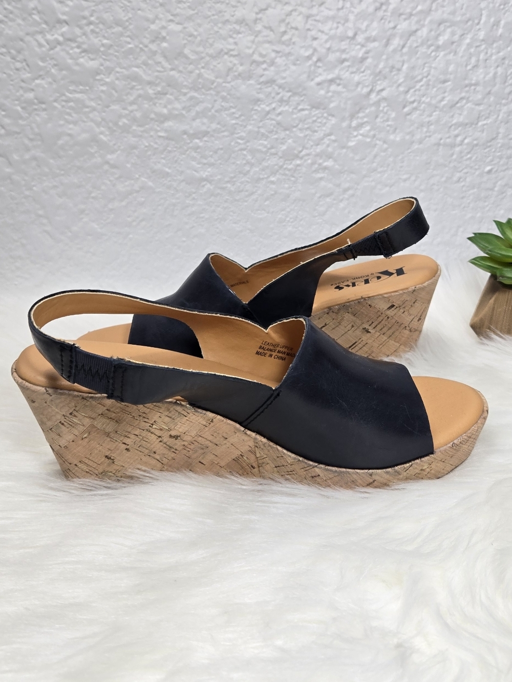 Kork-Ease Black Leather Cork Wedge Slingback Sandals